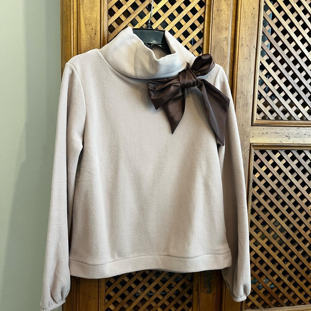 Dudley Stephens Cream Funnel Neck Sweater with Brown Bow